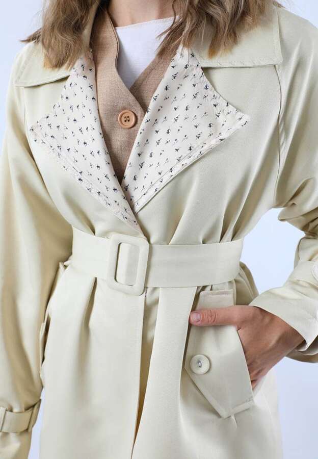 Yakası Desenli Midi Trençkot Ekru - 4