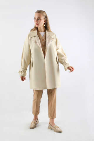 Yakası Desenli Midi Trençkot Ekru - 5