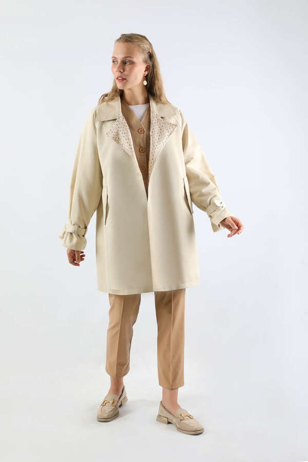 Yakası Desenli Midi Trençkot Ekru - 5