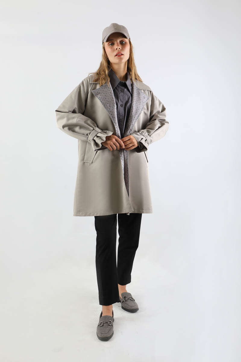 Yakası Desenli Midi Trençkot Gri