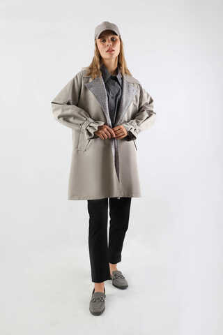 Yakası Desenli Midi Trençkot Gri - 1