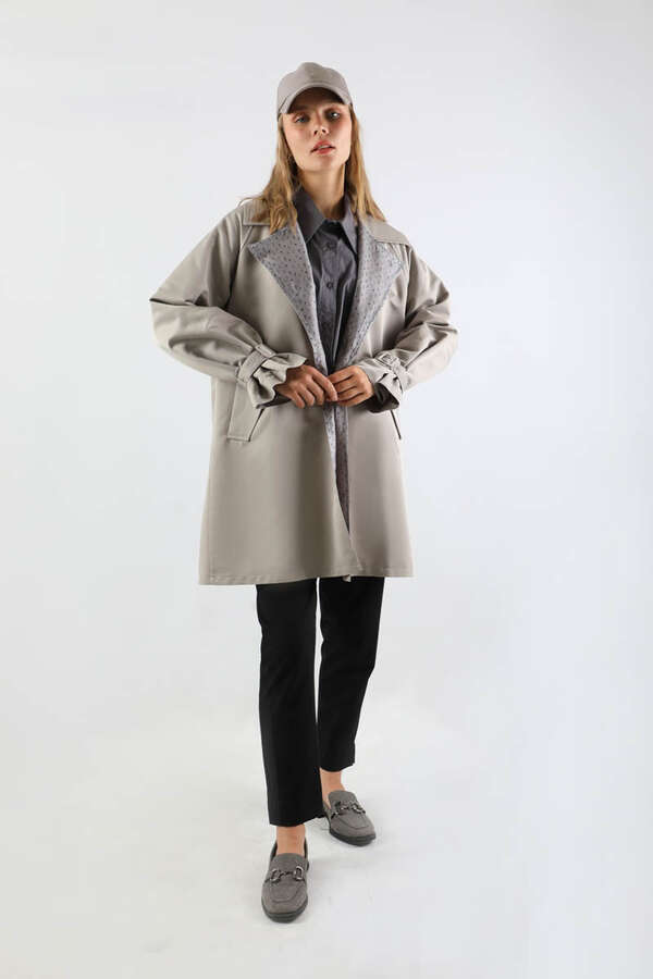 Yakası Desenli Midi Trençkot Gri 