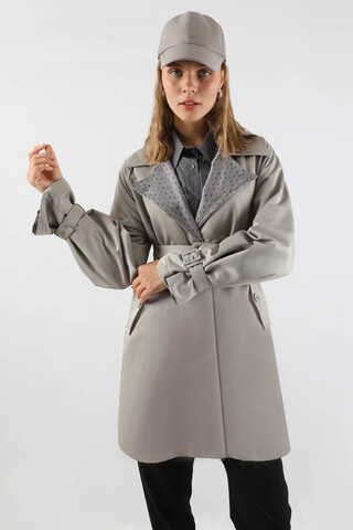 Yakası Desenli Midi Trençkot Gri - 2