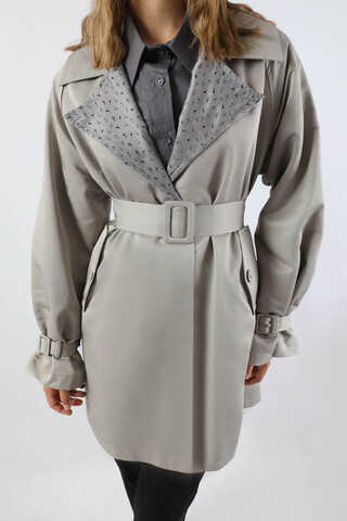 Yakası Desenli Midi Trençkot Gri - 4