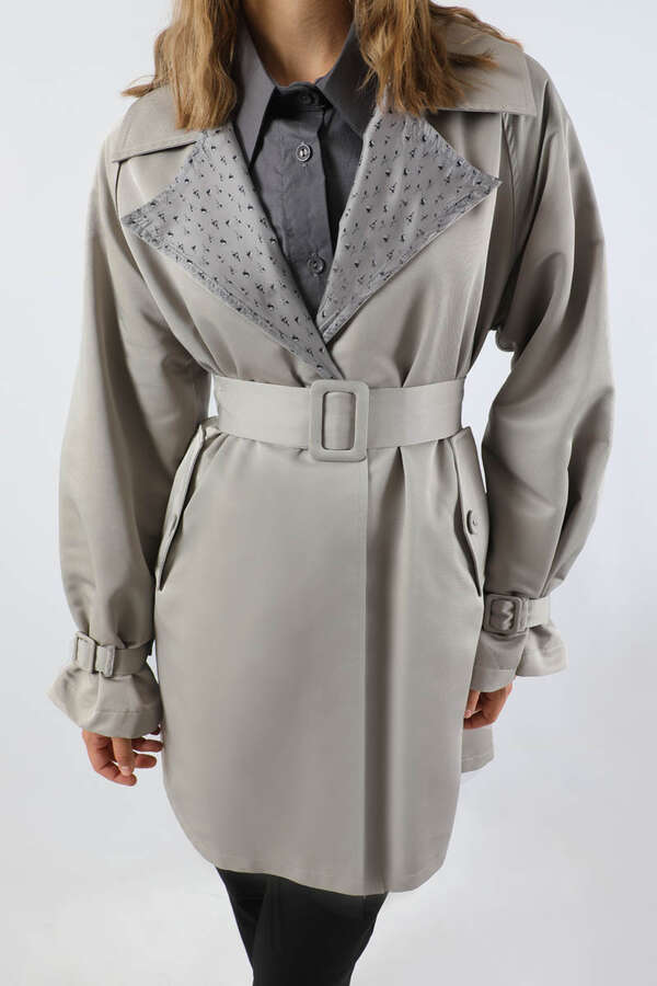 Yakası Desenli Midi Trençkot Gri - 4