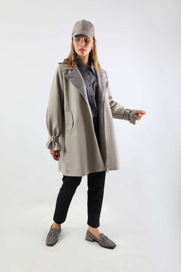 Yakası Desenli Midi Trençkot Gri - 5