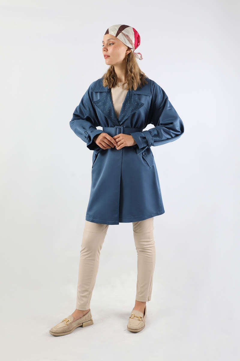 Yakası Desenli Midi Trençkot İndigo