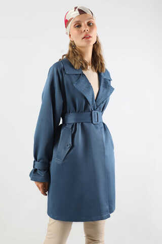 Yakası Desenli Midi Trençkot İndigo - 2