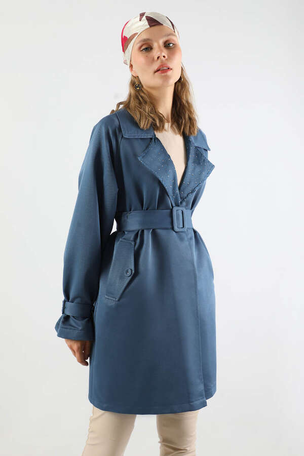 Yakası Desenli Midi Trençkot İndigo - 2