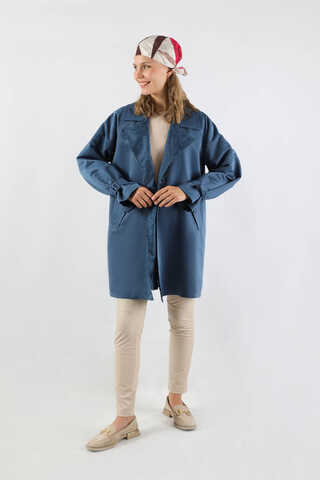 Yakası Desenli Midi Trençkot İndigo - 3