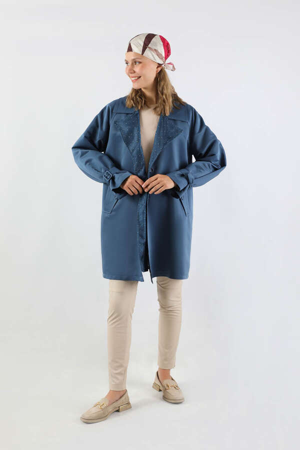 Yakası Desenli Midi Trençkot İndigo - 3