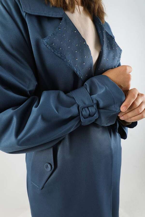 Yakası Desenli Midi Trençkot İndigo - 4