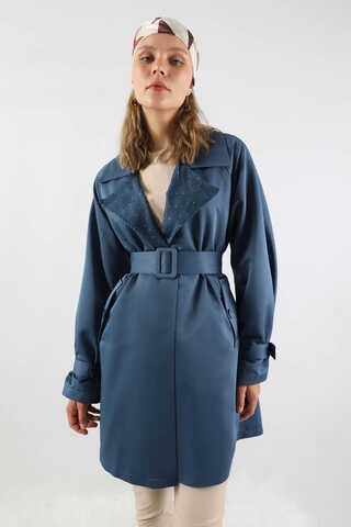 Yakası Desenli Midi Trençkot İndigo - 5