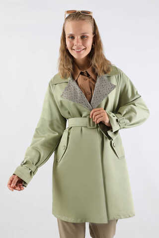 Yakası Desenli Midi Trençkot Mint - 2