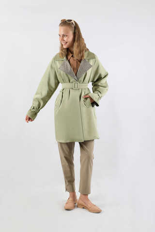 Yakası Desenli Midi Trençkot Mint - 3