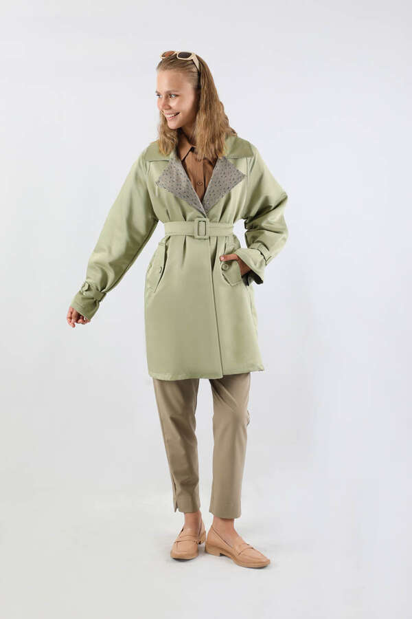 Yakası Desenli Midi Trençkot Mint - 3