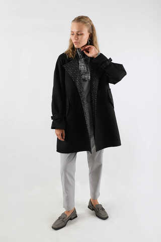 Yakası Desenli Midi Trençkot Siyah - 1