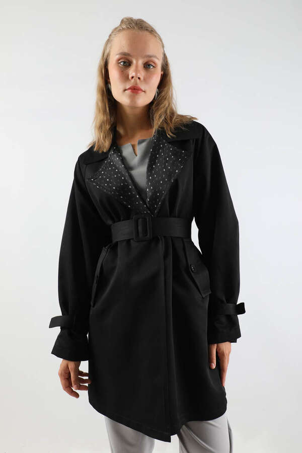 Yakası Desenli Midi Trençkot Siyah - 2