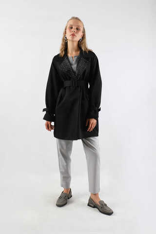 Yakası Desenli Midi Trençkot Siyah - 3