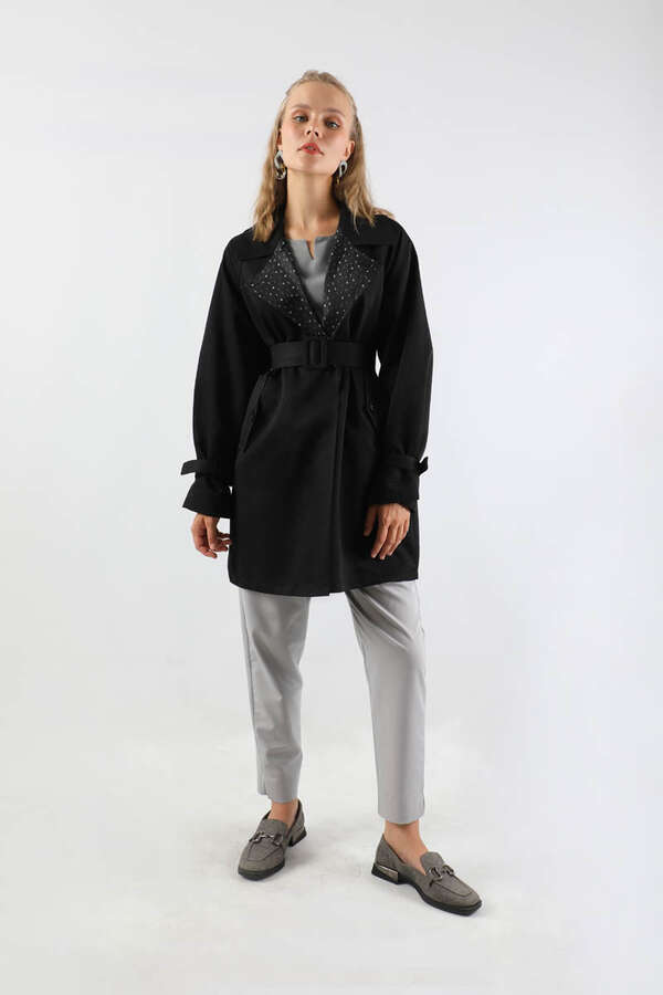 Yakası Desenli Midi Trençkot Siyah - 3