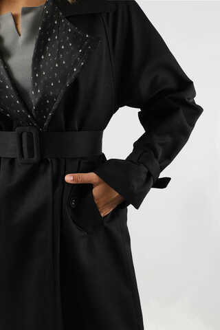 Yakası Desenli Midi Trençkot Siyah - 4