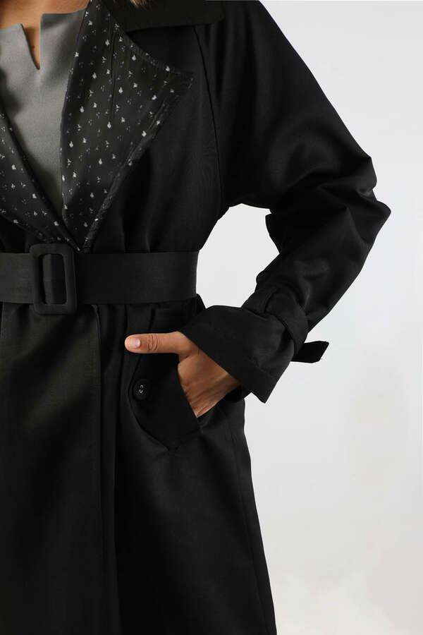 Yakası Desenli Midi Trençkot Siyah - 4