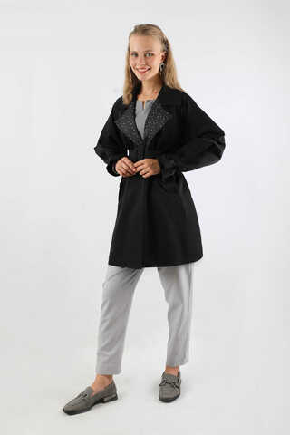 Yakası Desenli Midi Trençkot Siyah - 5