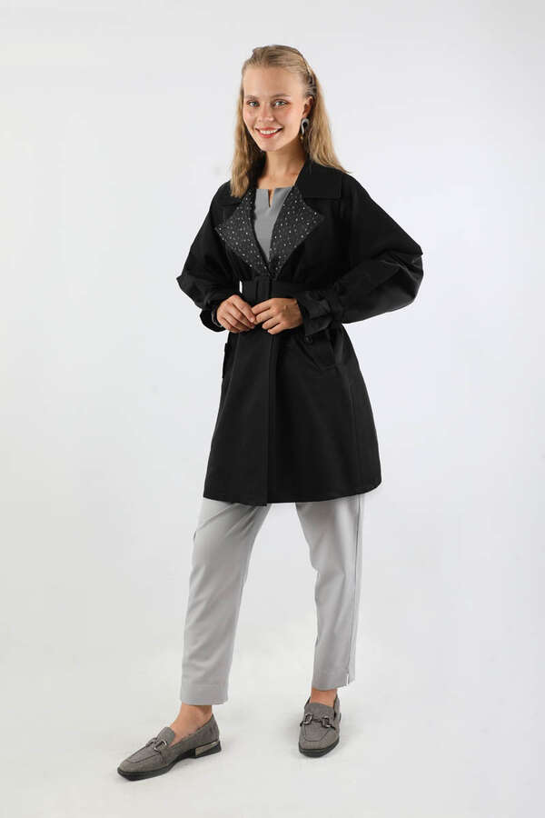 Yakası Desenli Midi Trençkot Siyah - 5