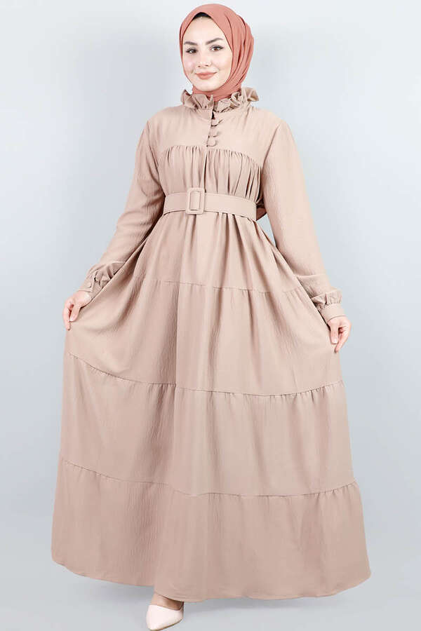 Yakası Fırfırlı Beli Kemerli Elbise Vizon - 1