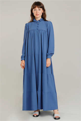 Yakası Fırfırlı Beli Kemerli Elbise İndigo - 2