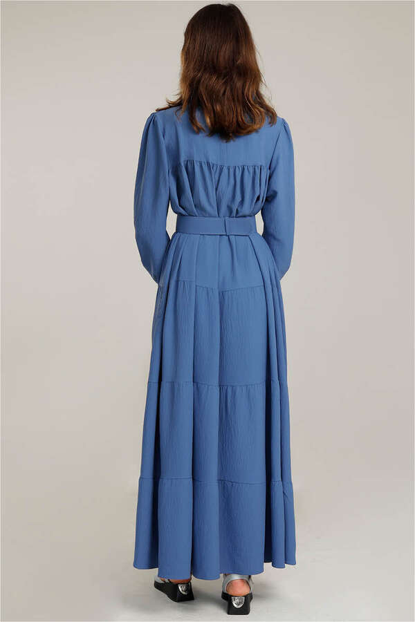 Yakası Fırfırlı Beli Kemerli Elbise İndigo - 4