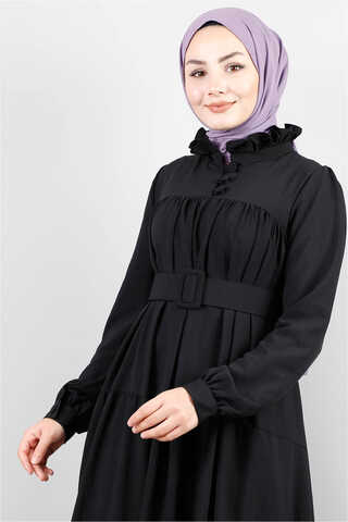 Yakası Fırfırlı Beli Kemerli Elbise Siyah - 4