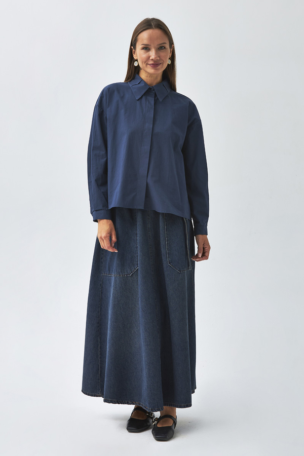 Yakası Pile Detaylı Gömlek Lacivert - 7