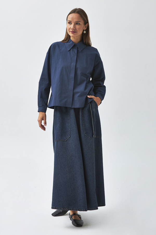 Yakası Pile Detaylı Gömlek Lacivert - 12