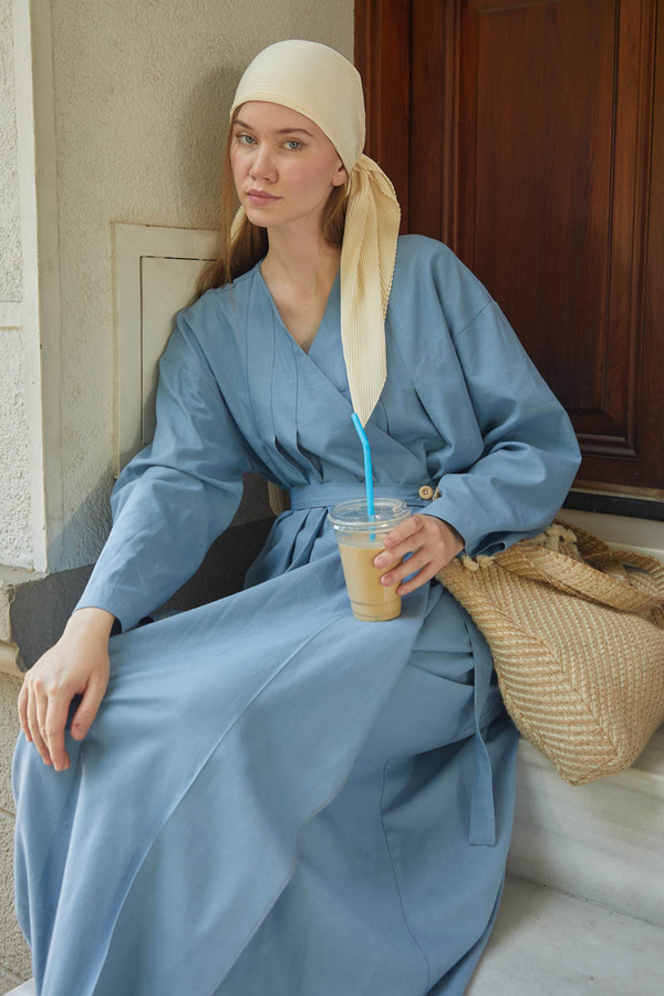 Yakası Pile Detaylı Keten Abaya Bebe Mavisi 