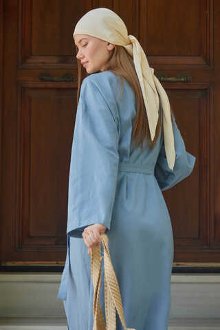 Yakası Pile Detaylı Keten Abaya Bebe Mavisi - 9