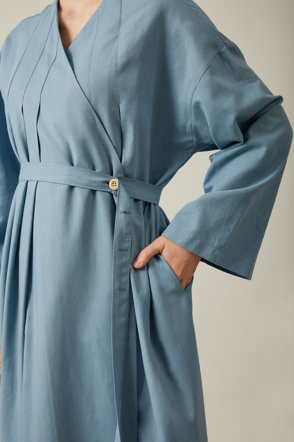 Yakası Pile Detaylı Keten Abaya Bebe Mavisi - 13