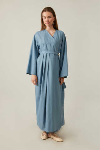 Yakası Pile Detaylı Keten Abaya Bebe Mavisi - 11