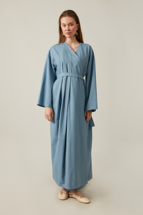 Yakası Pile Detaylı Keten Abaya Bebe Mavisi - 11