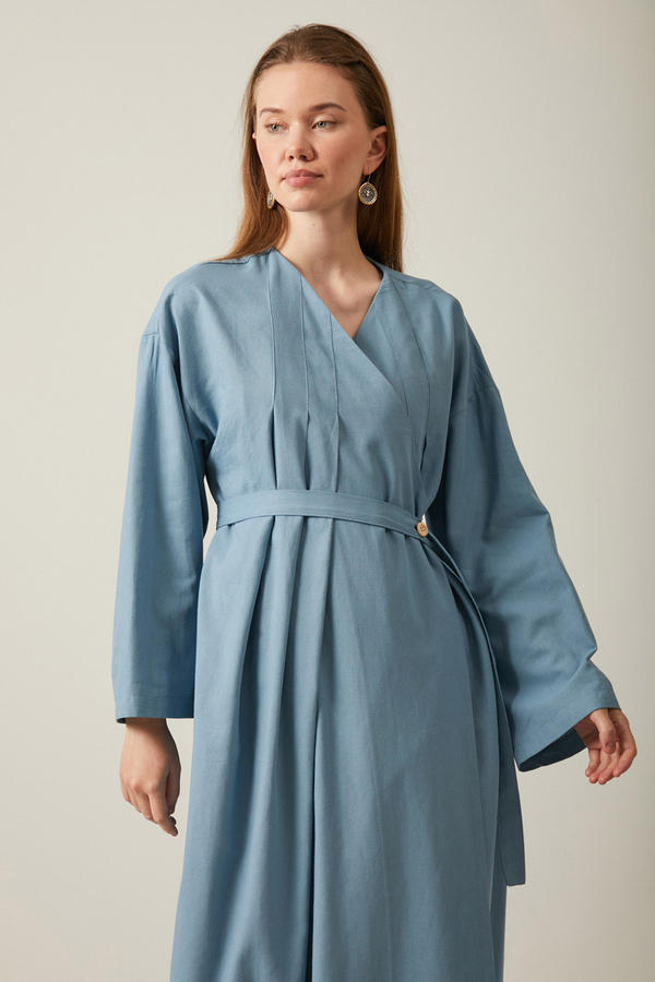 Yakası Pile Detaylı Keten Abaya Bebe Mavisi - 12