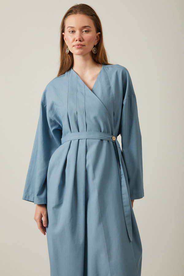 Yakası Pile Detaylı Keten Abaya Bebe Mavisi - 14