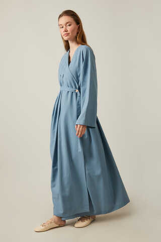 Yakası Pile Detaylı Keten Abaya Bebe Mavisi - 15