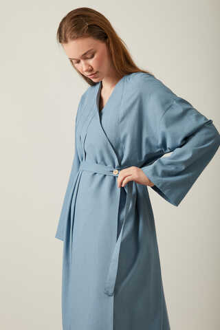 Yakası Pile Detaylı Keten Abaya Bebe Mavisi - 16