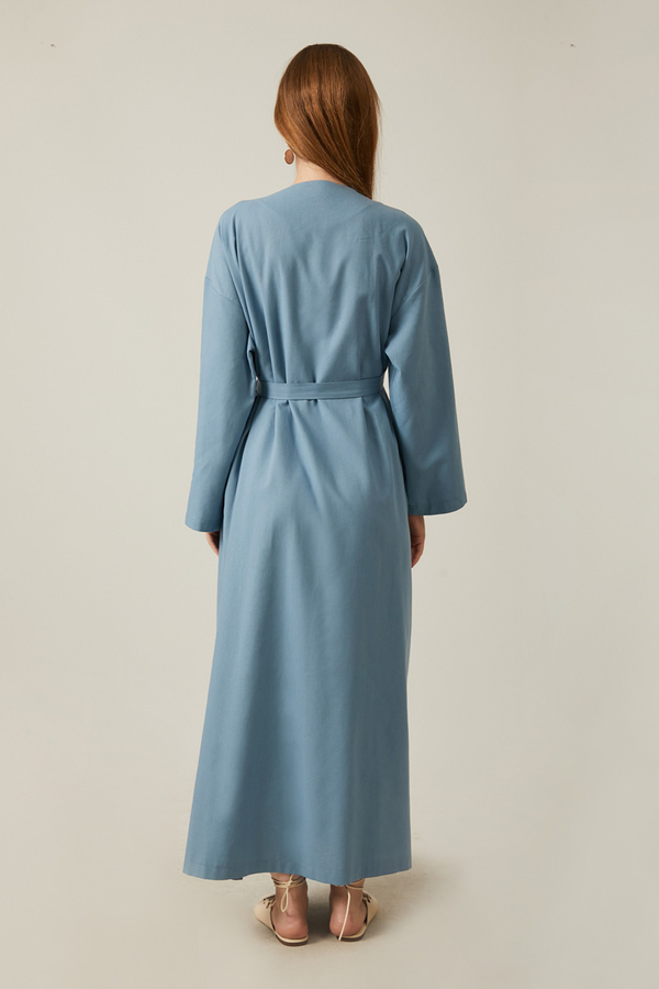 Yakası Pile Detaylı Keten Abaya Bebe Mavisi - 17