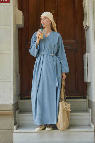 Yakası Pile Detaylı Keten Abaya Bebe Mavisi - 6