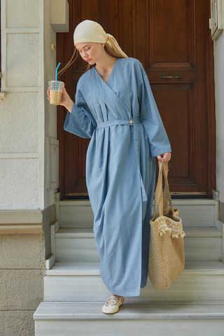 Yakası Pile Detaylı Keten Abaya Bebe Mavisi - 4