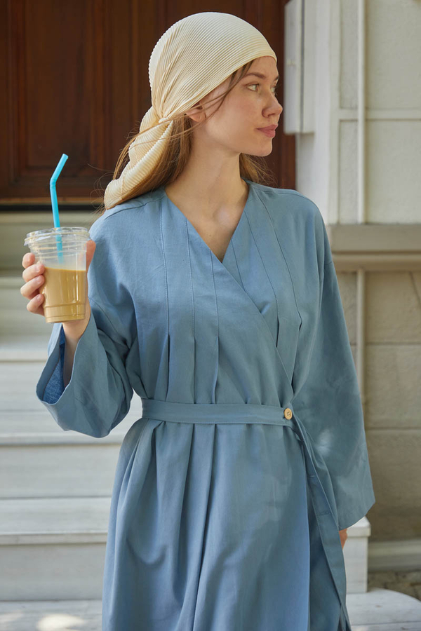 Yakası Pile Detaylı Keten Abaya Bebe Mavisi - 5