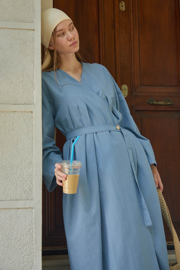 Yakası Pile Detaylı Keten Abaya Bebe Mavisi - 3