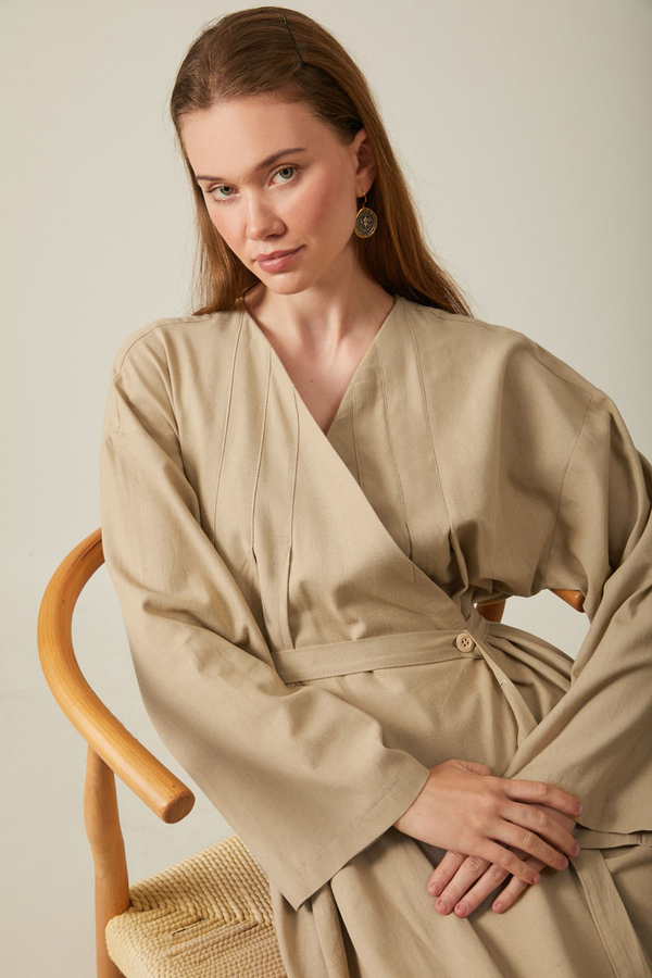 Yakası Pile Detaylı Keten Abaya Bej - 7