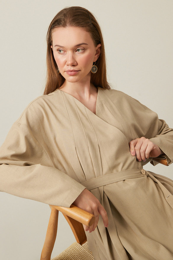 Yakası Pile Detaylı Keten Abaya Bej - 11